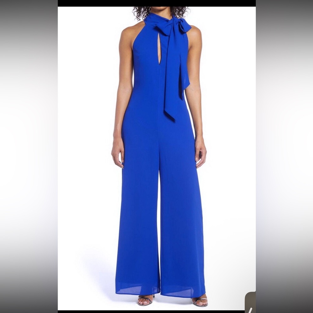 Badgley Mischka Cobalt Blue Halter Jumpsuit with Neck Tie